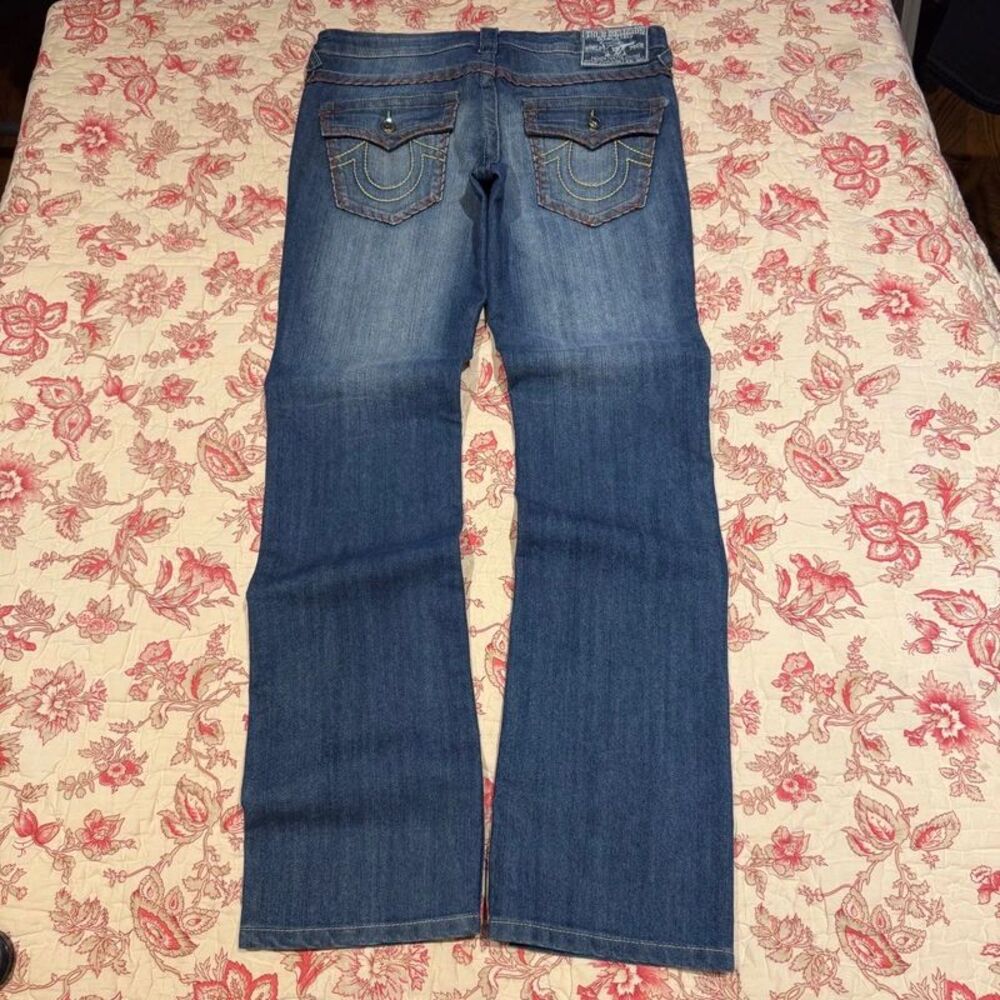 Y2K 2000s True Religion Brown And Yellow Thick Embroidered Denim Jeans!